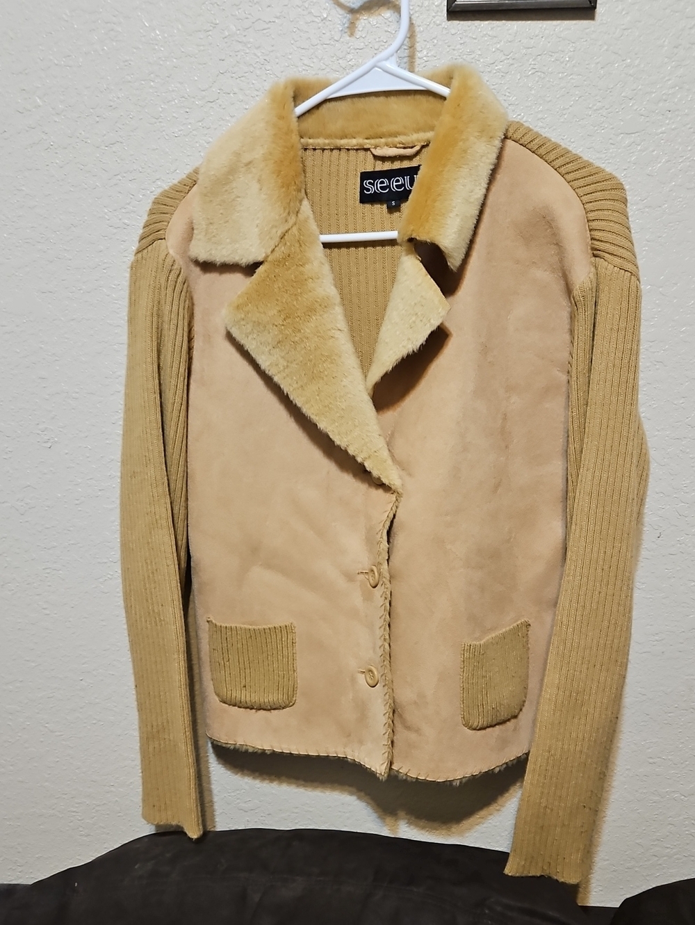 Tan Teddy Jacket with Ribbed Sleeves